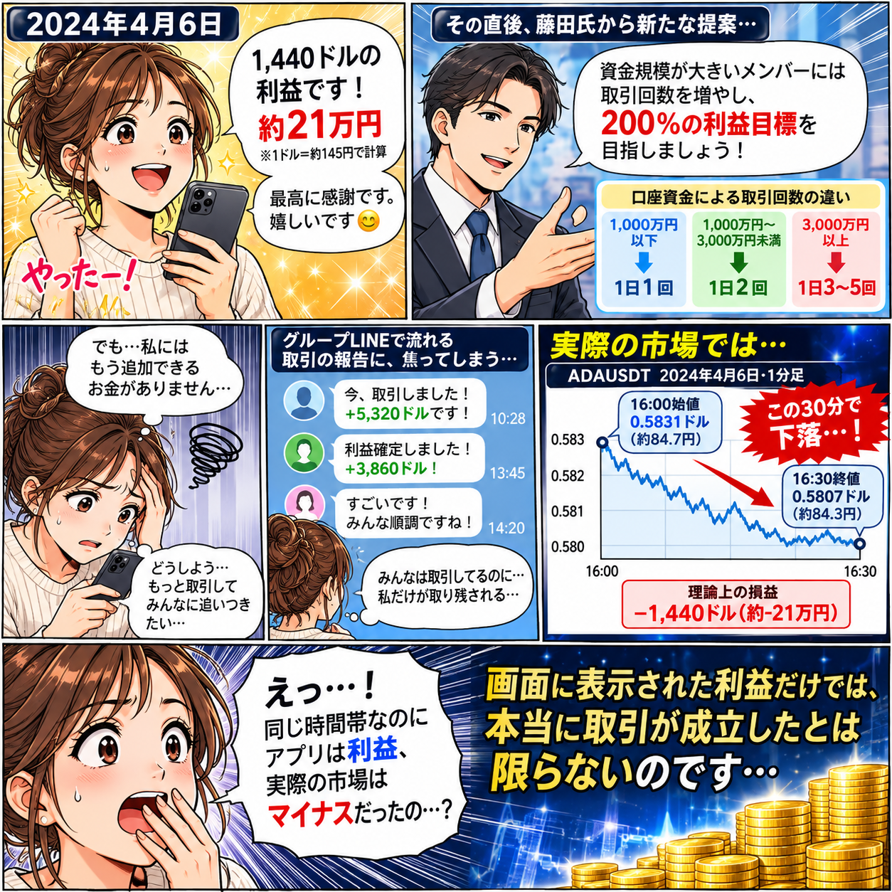 アプリの約21万円の利益表示と、Binance市場の価格変動に60万ADA相当を当てはめた仮定上の約21万円のマイナスを対比した漫画。実際の損失を示すものではない