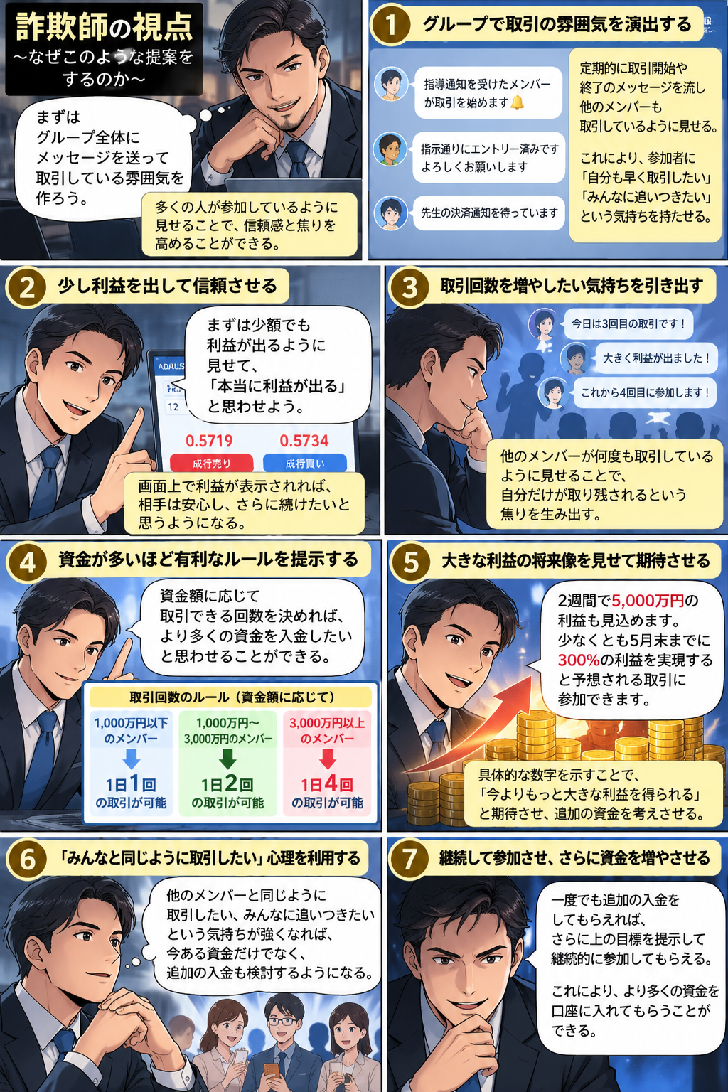 投資詐欺の勧誘手口を分析した漫画。グループの取引通知、利益表示、資金額による取引回数の優遇、大きな利益目標が参加者の焦りや追加送金につながる仕組みを描く