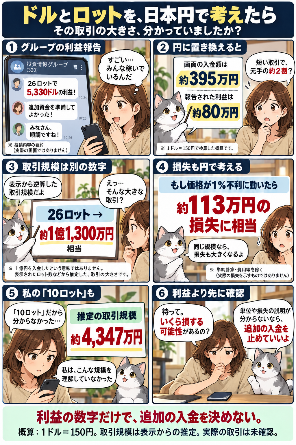 ドルとロットを円に置き換え、表示から推定した26ロット約1億1,300万円の取引規模と損失の可能性を説明する漫画