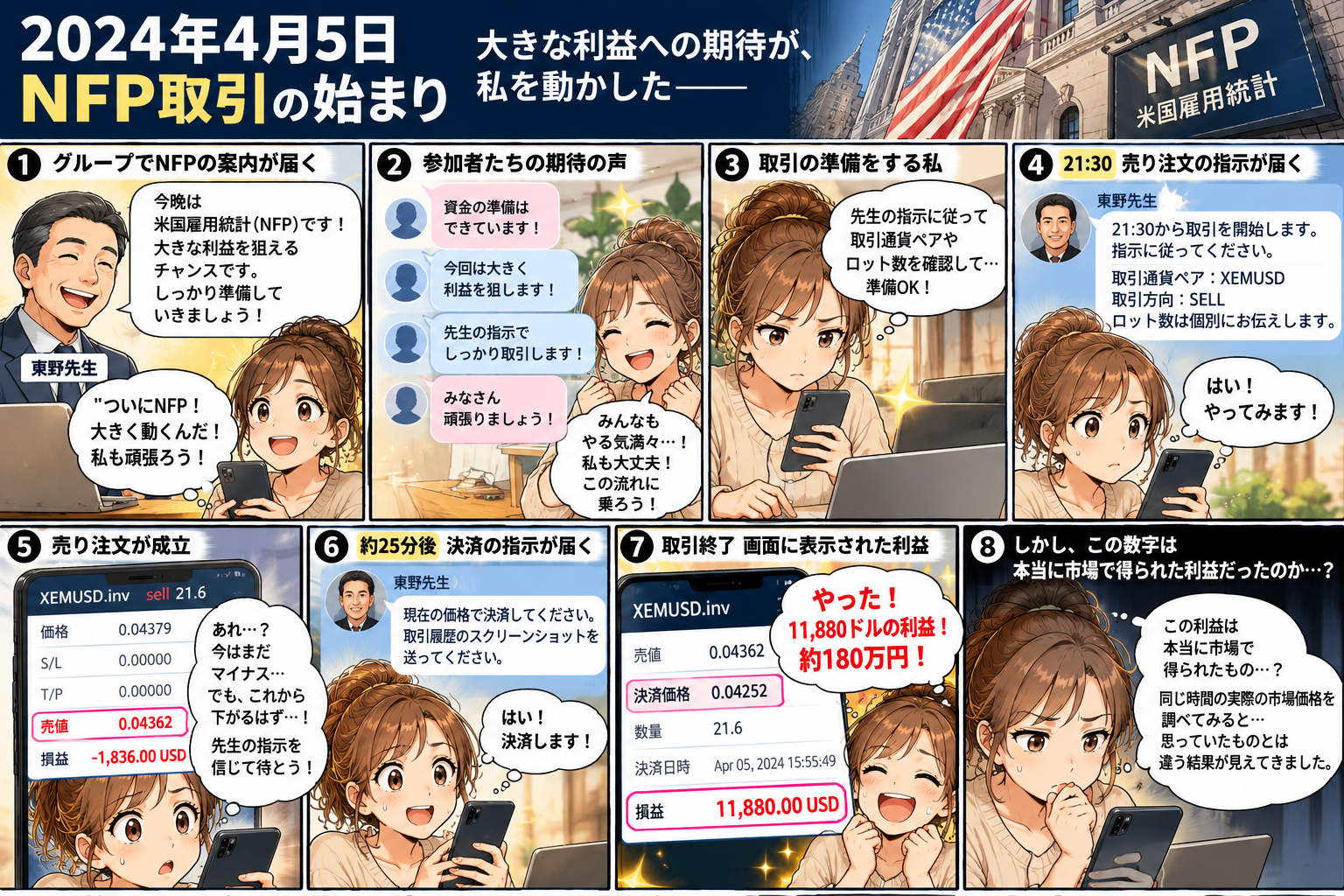 米国雇用統計の夜に高額な利益が表示され、喜んでいた当時の状況を描いた漫画