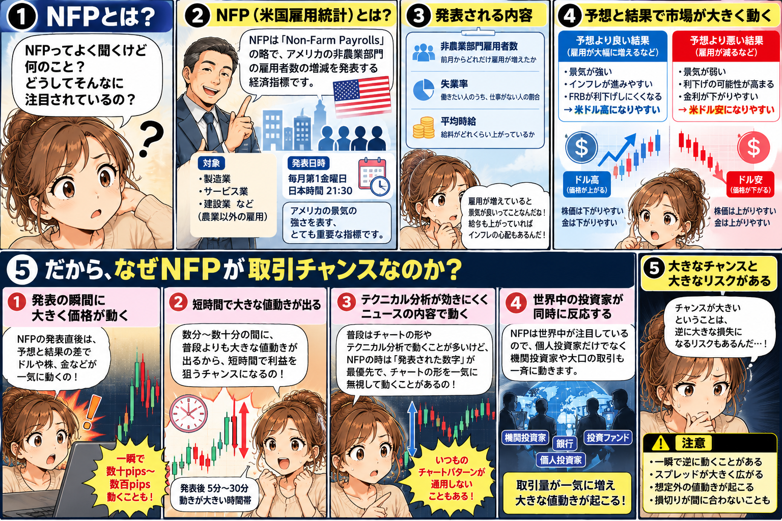 米国雇用統計NFPと相場変動の関係を初心者向けに説明する漫画