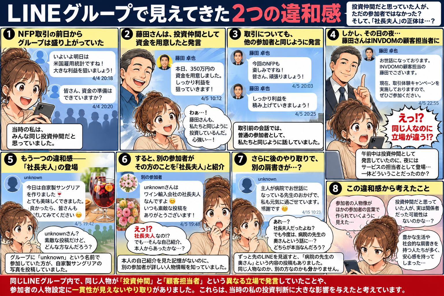 LINE内の人物紹介や立場について感じた疑問を描いた注意喚起漫画