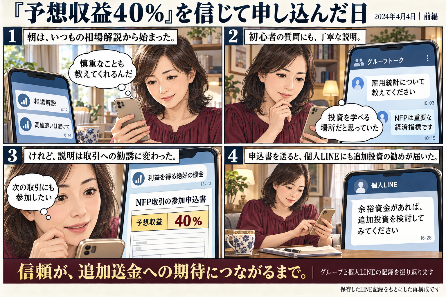 相場解説への信頼から、予想収益40%のNFP取引に申し込み、個人LINEで追加投資を勧められるまでを描いた導入漫画
